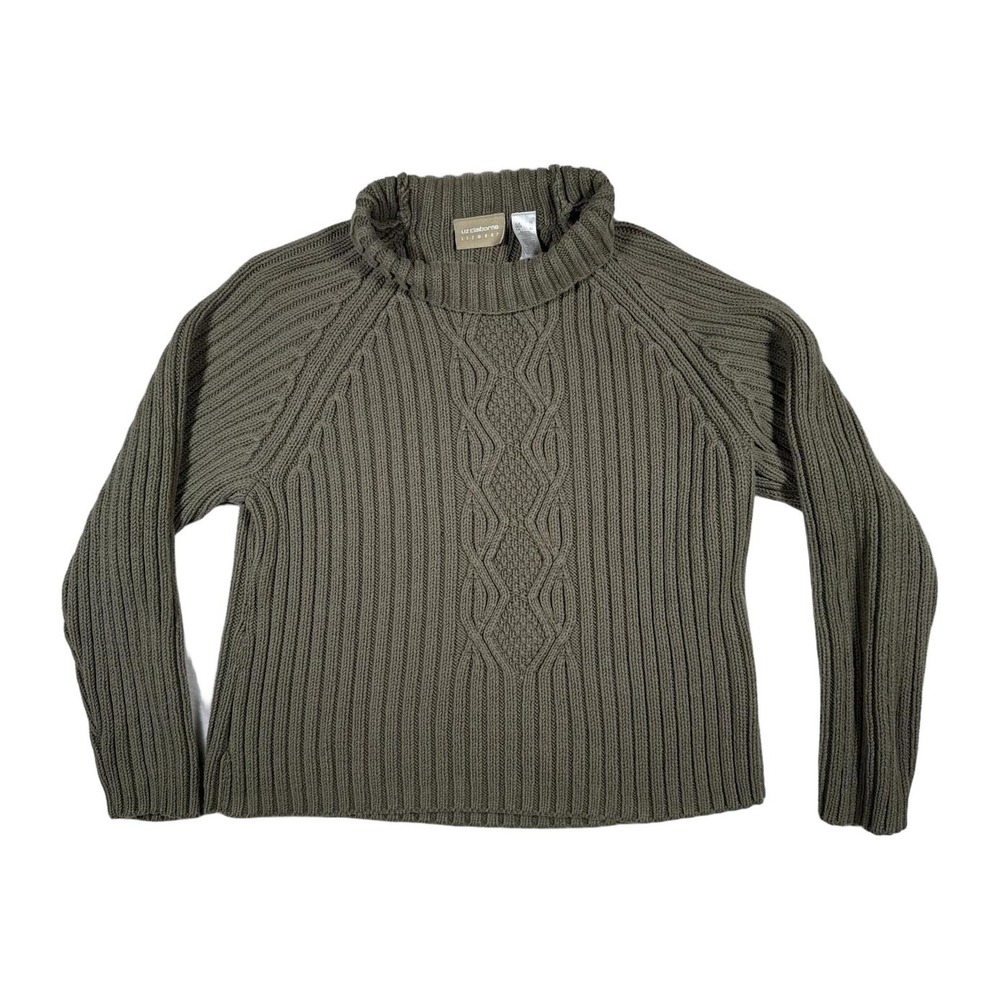 Liz Claiborne Turtleneck Cable Knit Sweater Olive Green‎ Cotton Acrylic Blend XL